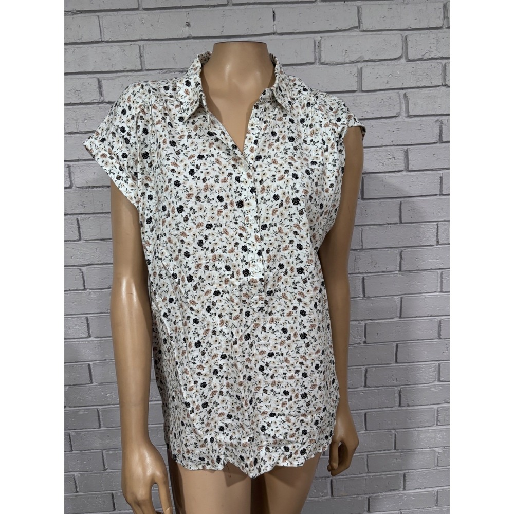 Ann Taylor Factory White Floral Linen Cap Sleeve Blouse Preppy Large